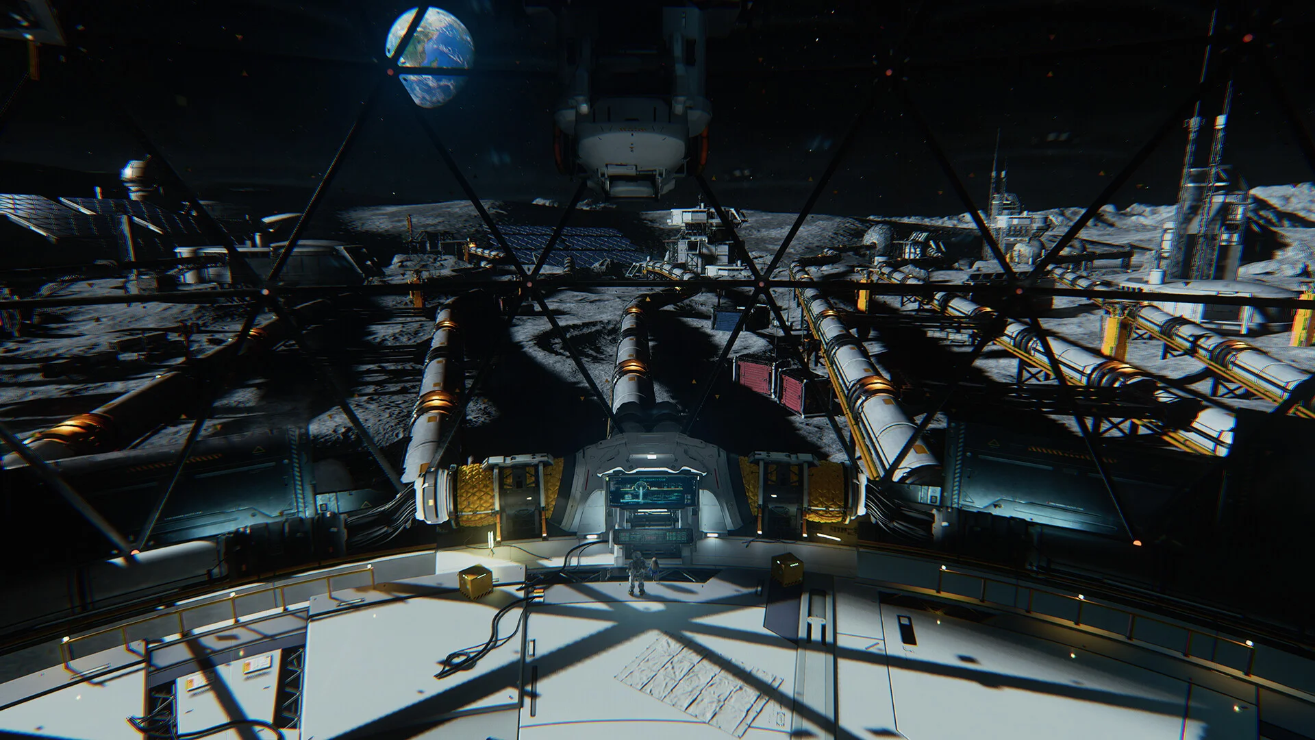 A lunar station seen from inside a dome, Earth above the horizon and a small figure on the floor