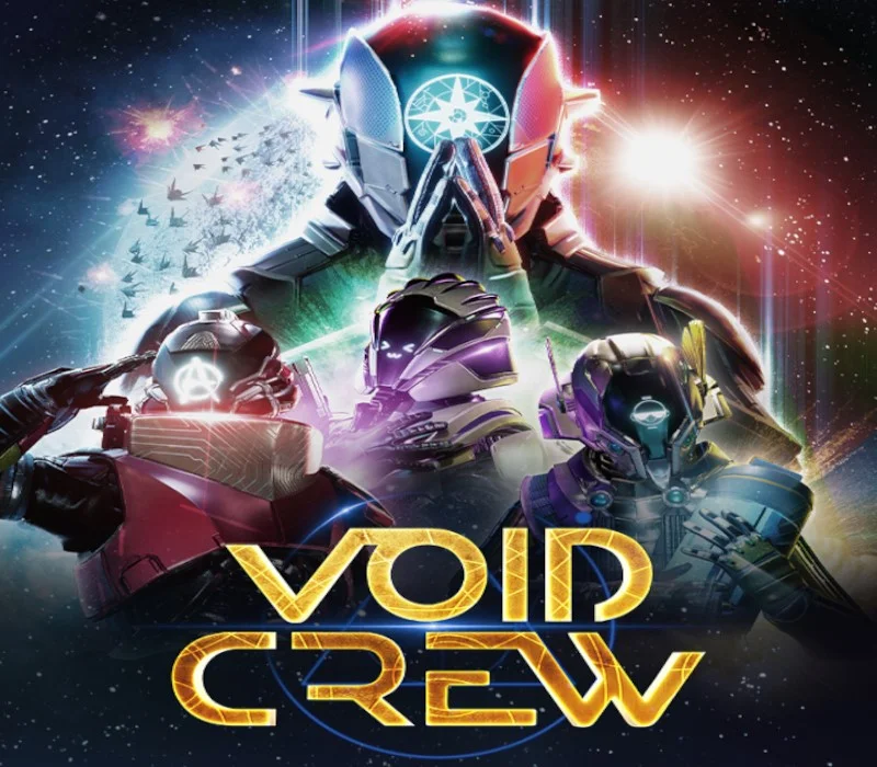 Void Crew cover: four armoured astronauts under a giant praying helmet, gold VOID CREW title, planet and starfield behind them