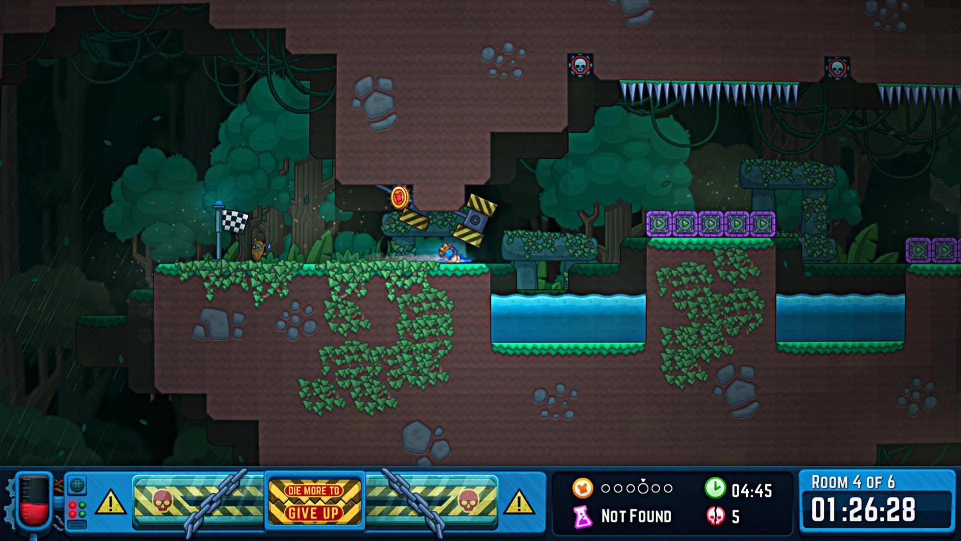 Never Give Up forest room 4 of 6 with water pit, checkered flag and Give Up HUD