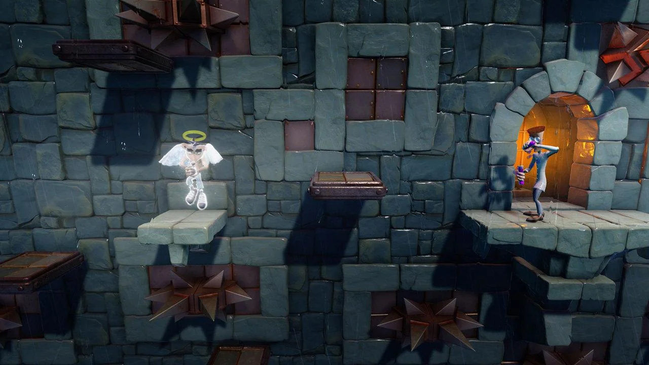Angel Crash with halo and wings on a wet castle ledge, lab assistant in an orange arch holding a vial