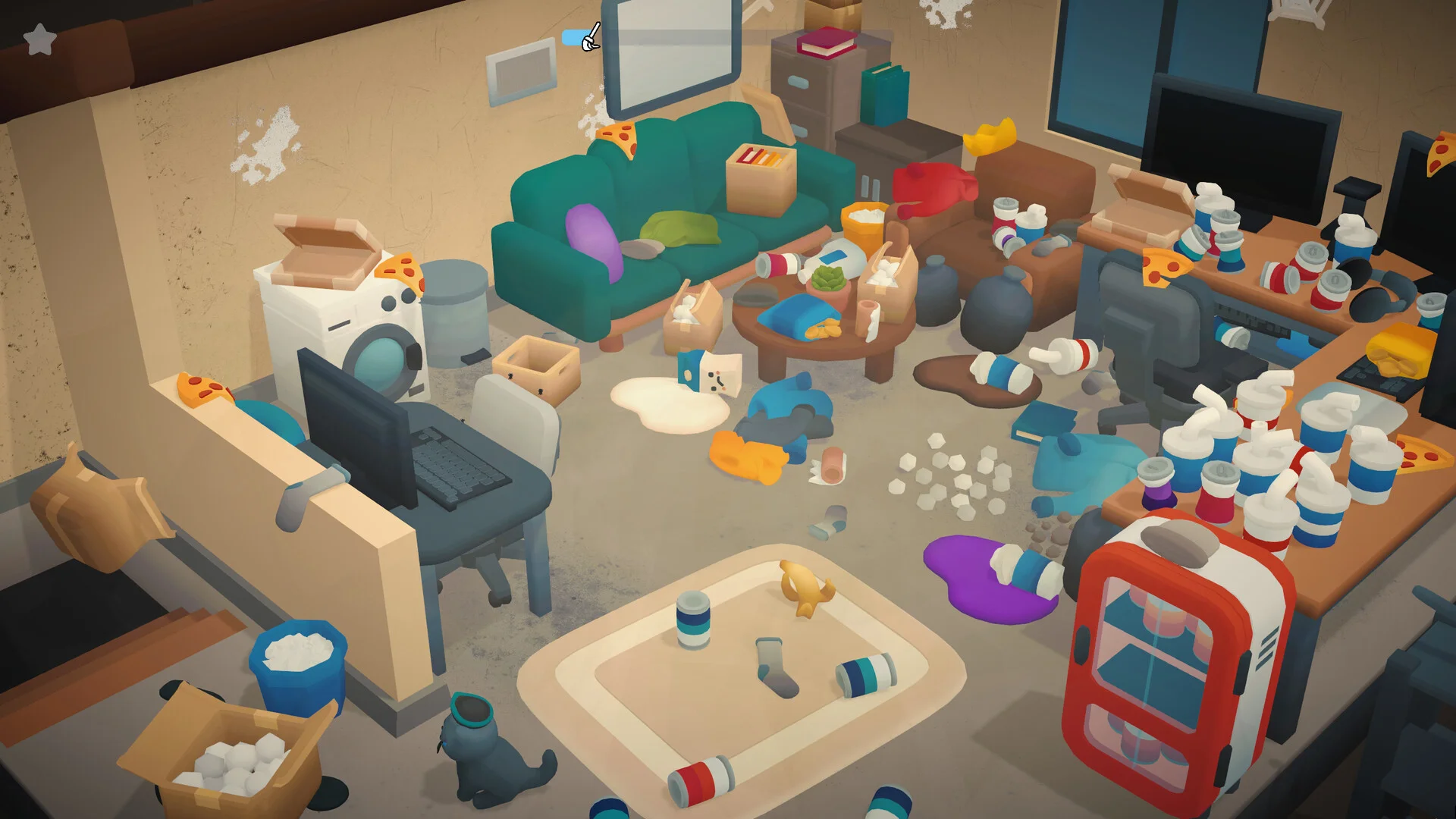 Cozy Cleaner mop clearing a spill beside scattered books