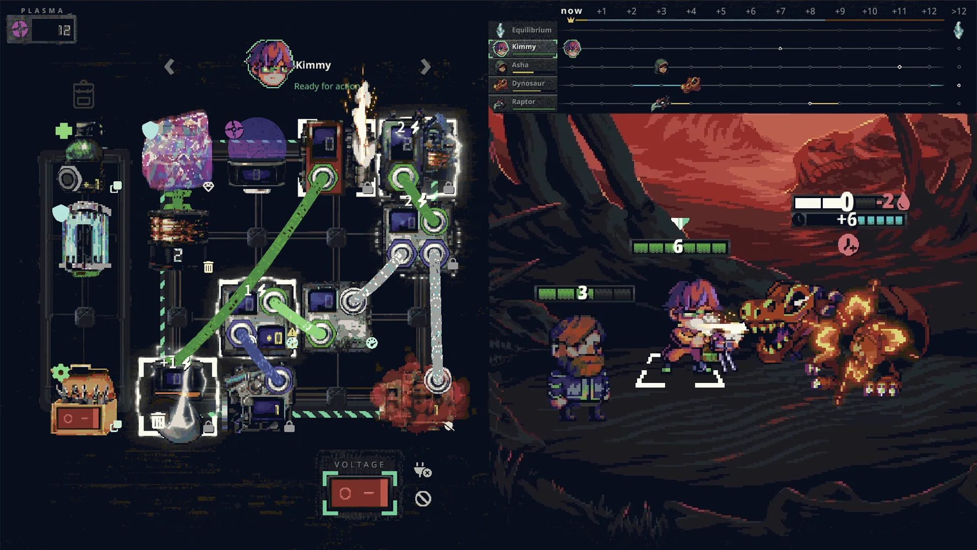 Kimmy Ready for action: green circuit rack, VOLTAGE switch, pixel fight versus an orange lava beast