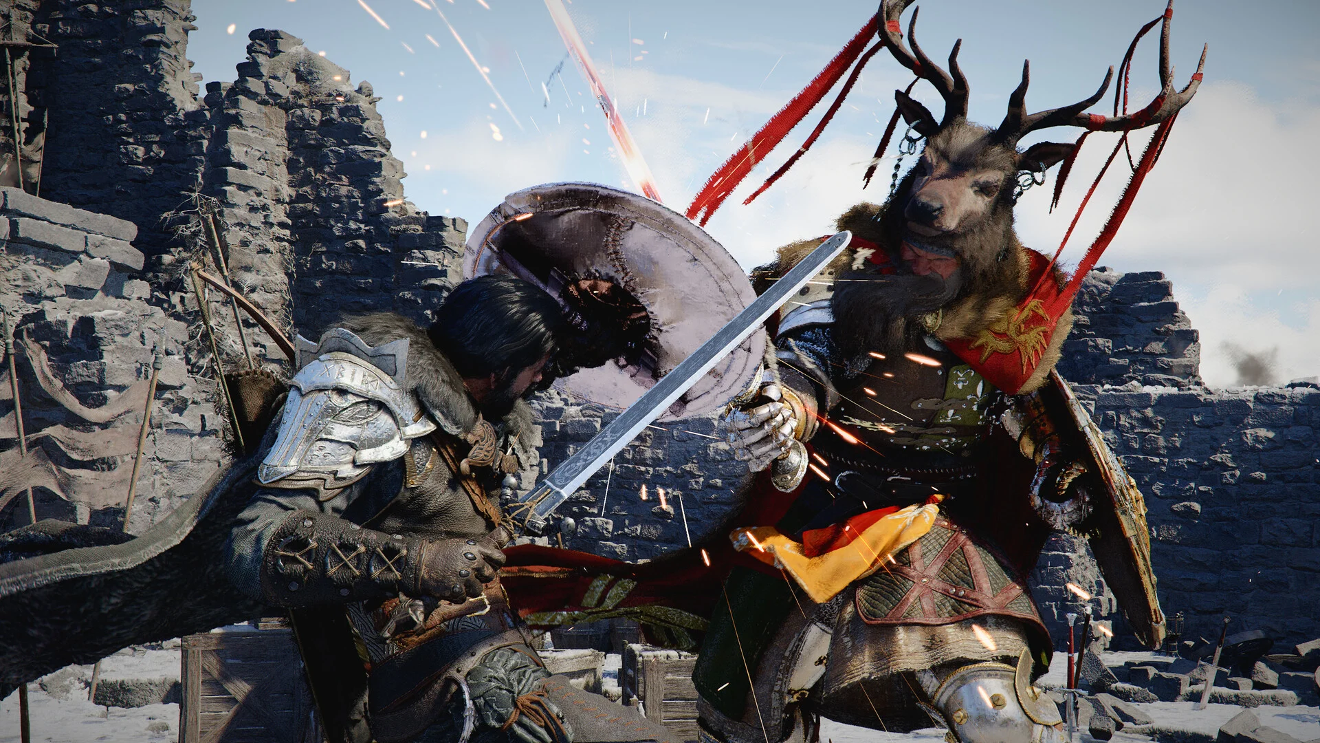 A swordsman blocks a stag-headed fighter in red among stone ruins and sparks