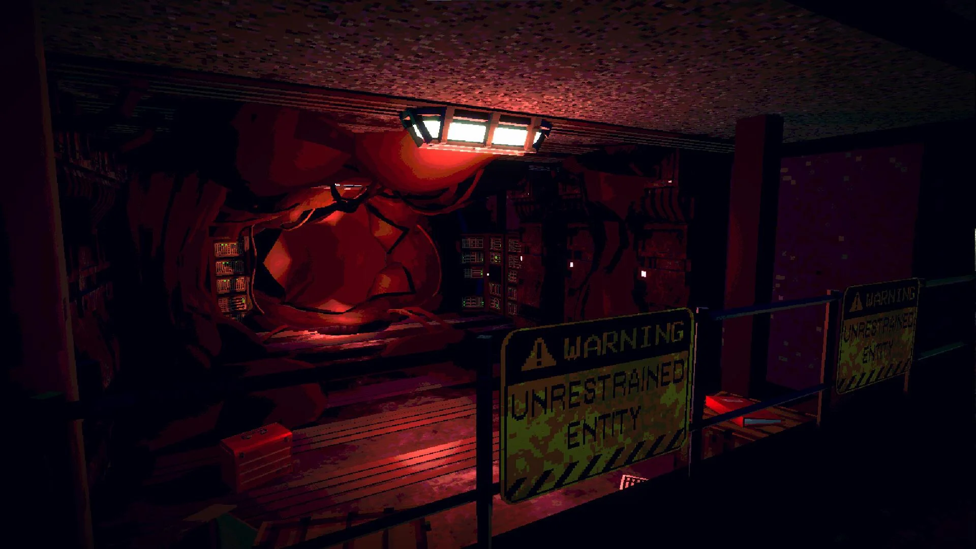Red organic chamber, Warning Unrestrained Entity signs, fluorescent light over a wet floor