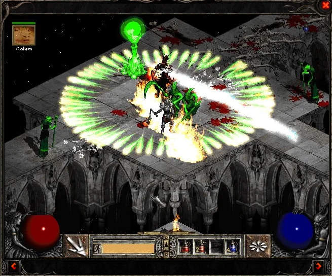 Diablo II Barbarian whirlwind in a desert camp