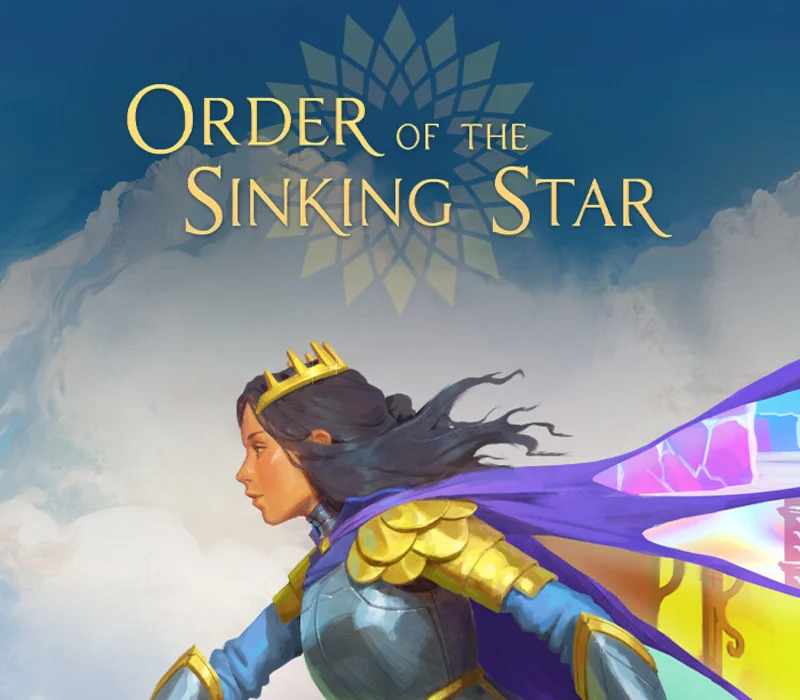 Order of the Sinking Star cover, crowned woman in gold and blue armour, purple cape, gold title over a starburst