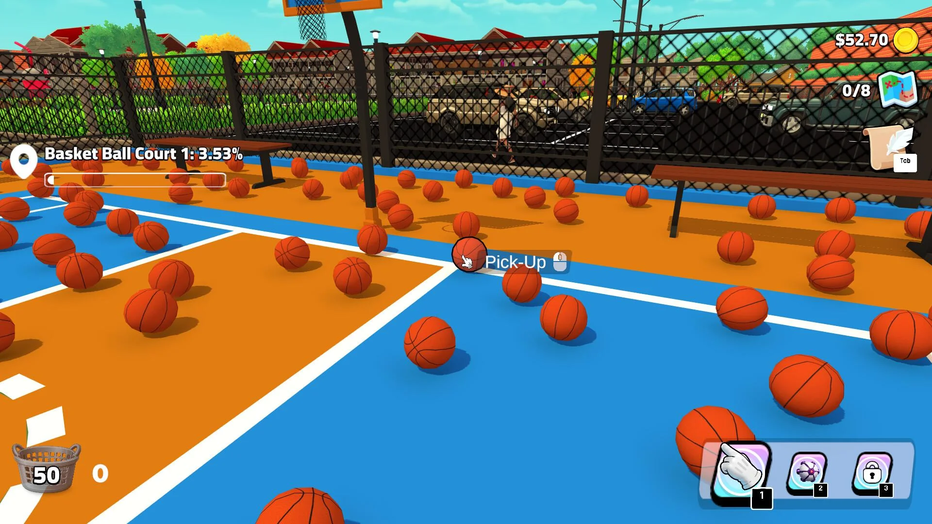 Basket Ball Court 1 at 3.53%, orange basketballs on a blue-and-orange court, Pick-Up prompt and a chain-link fence