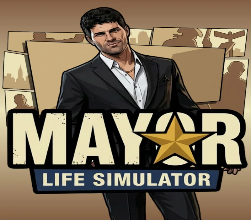 Okładka Mayor Life Simulator z mężczyzną w garniturze nad logo i złotą gwiazdą pośrodku