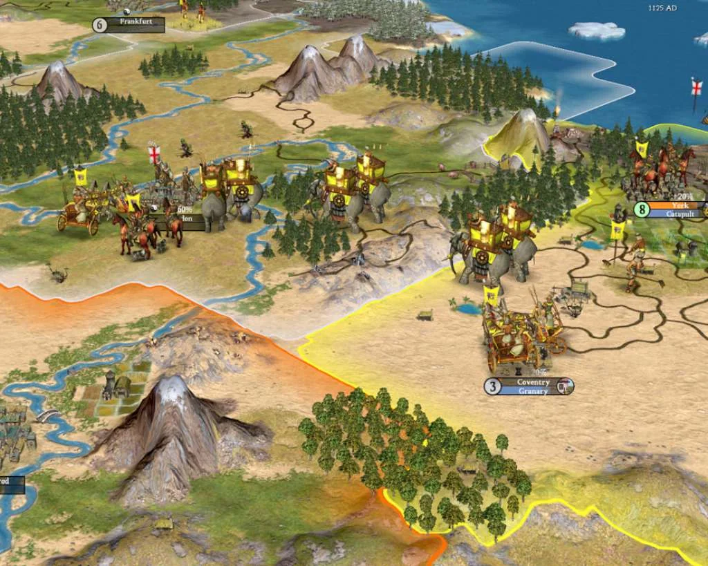 A world map with forests, desert, and units