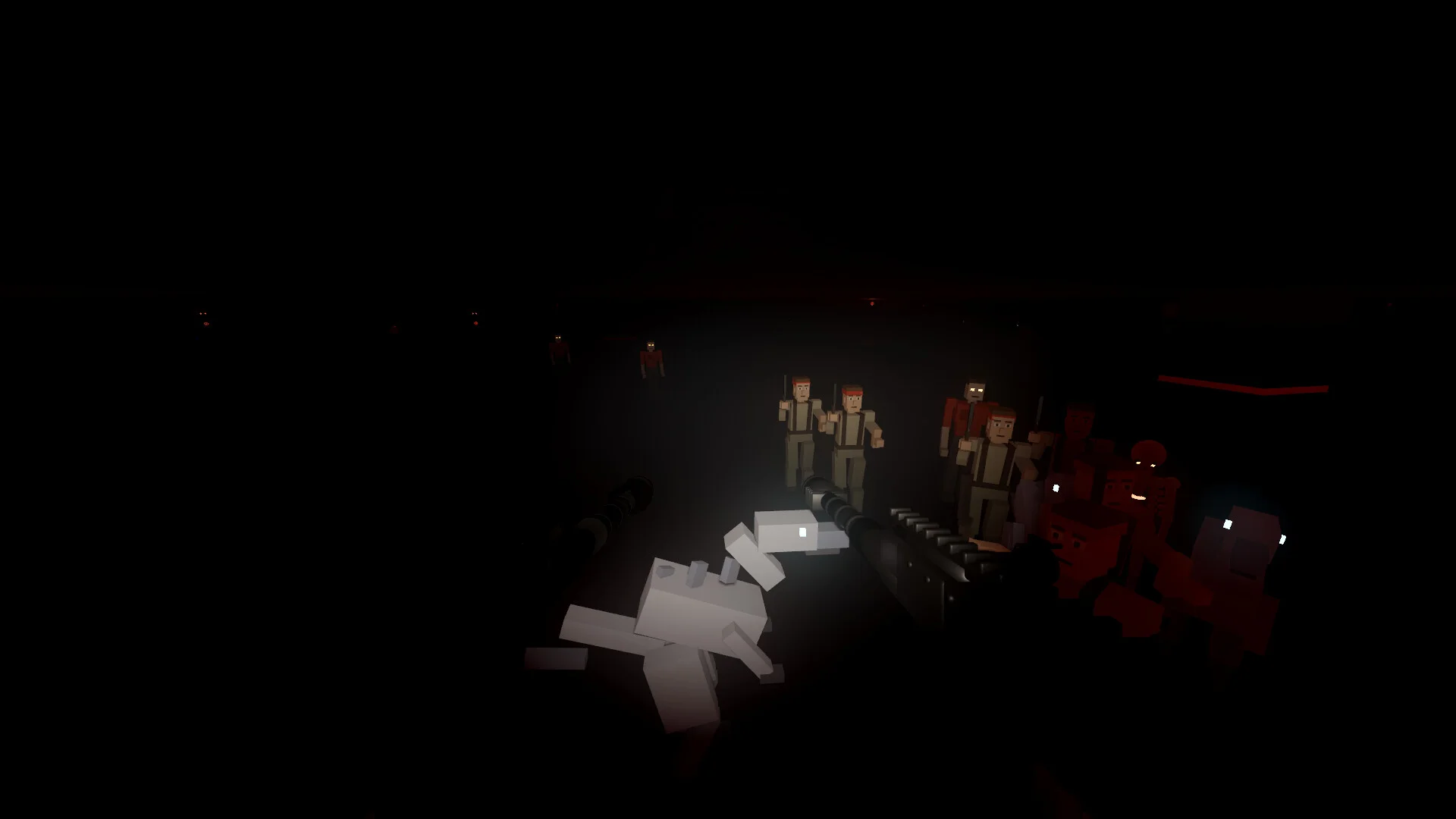 Angel Told Me night FPS flashlight on voxel townsfolk with shotgun