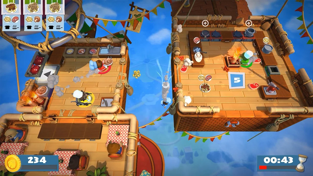 Two balloon-basket kitchens drift apart in the sky while chefs plate food