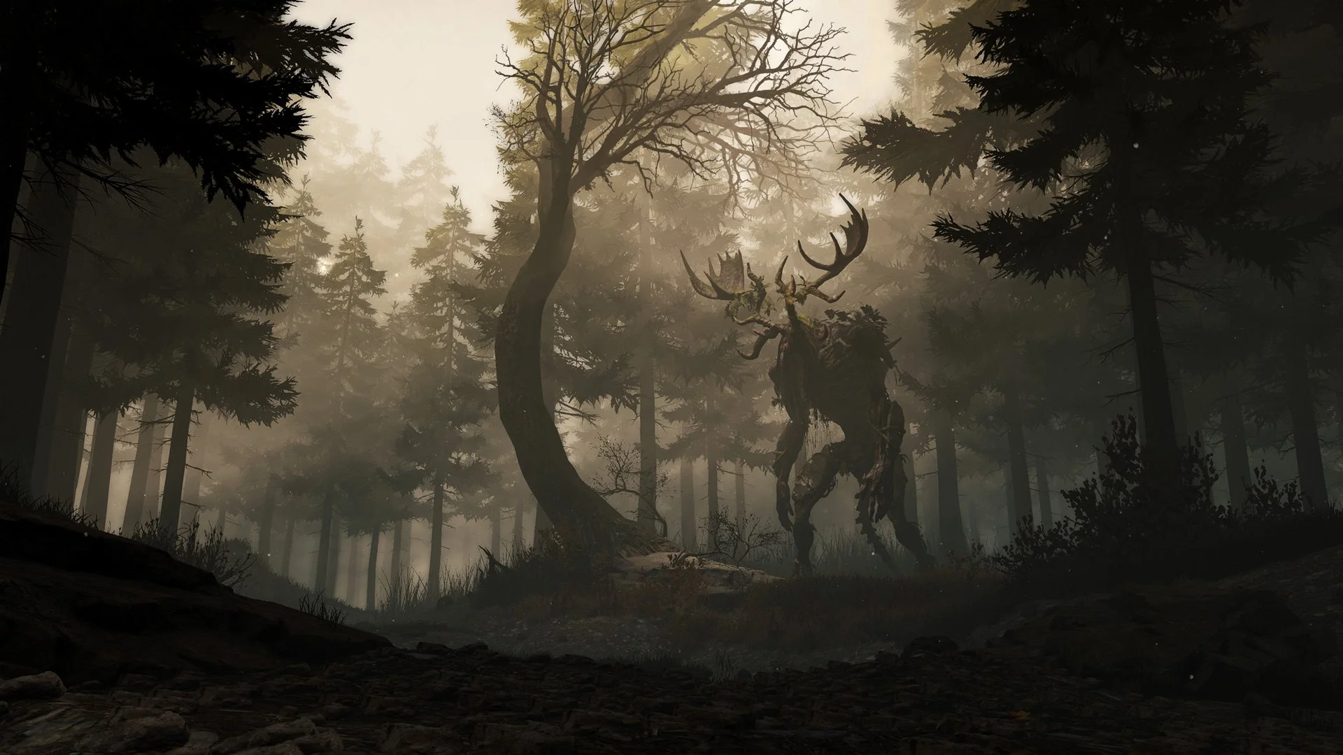 Fog forest: antlered bark creature standing among pines