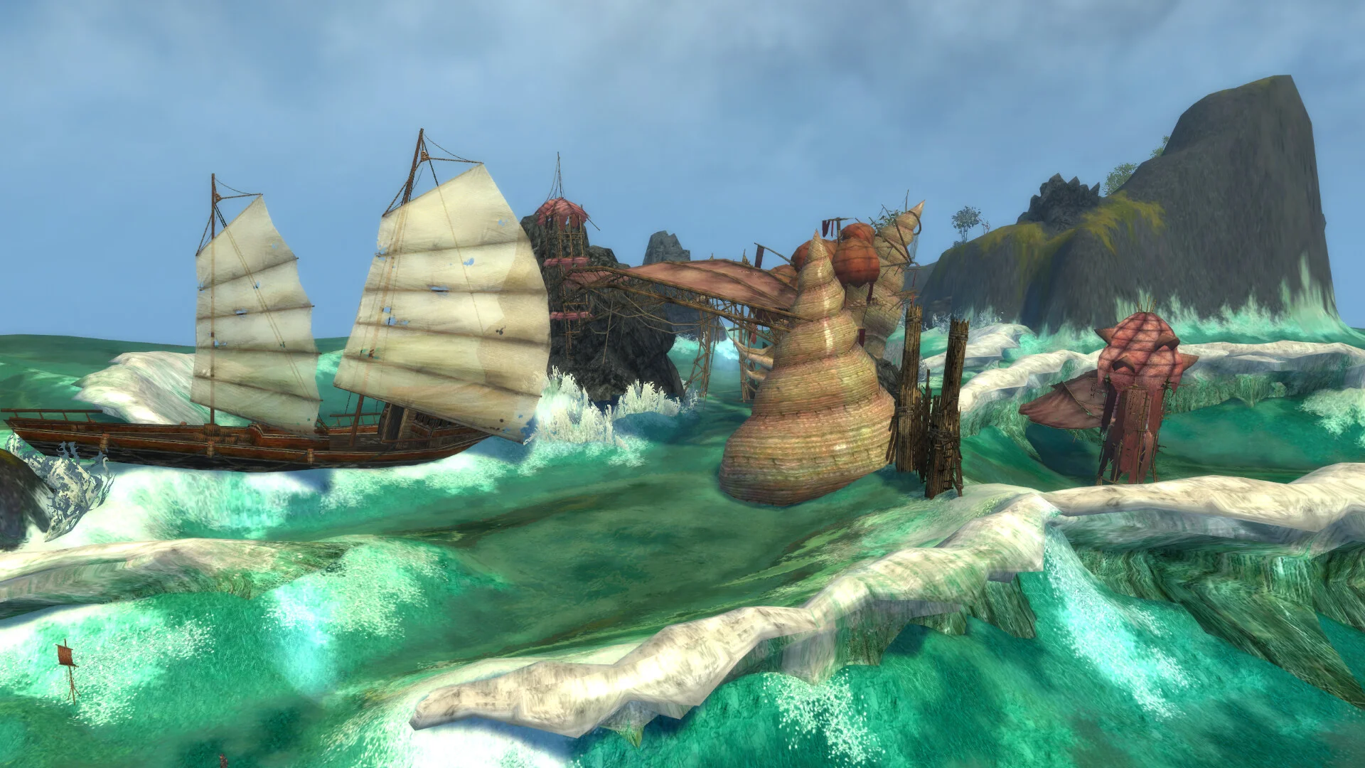Two sailing ships on a rough turquoise sea beside cliffs.