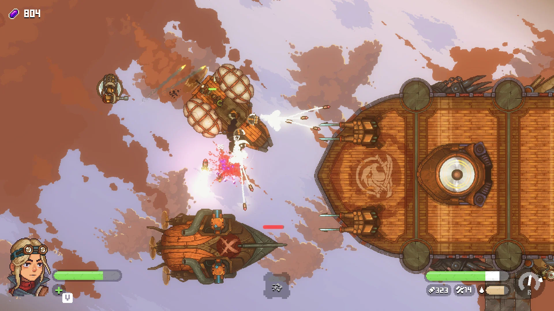 Airship fight: Eva portrait, balloon-rigged ships firing, wooden deck with a round hatch to the right