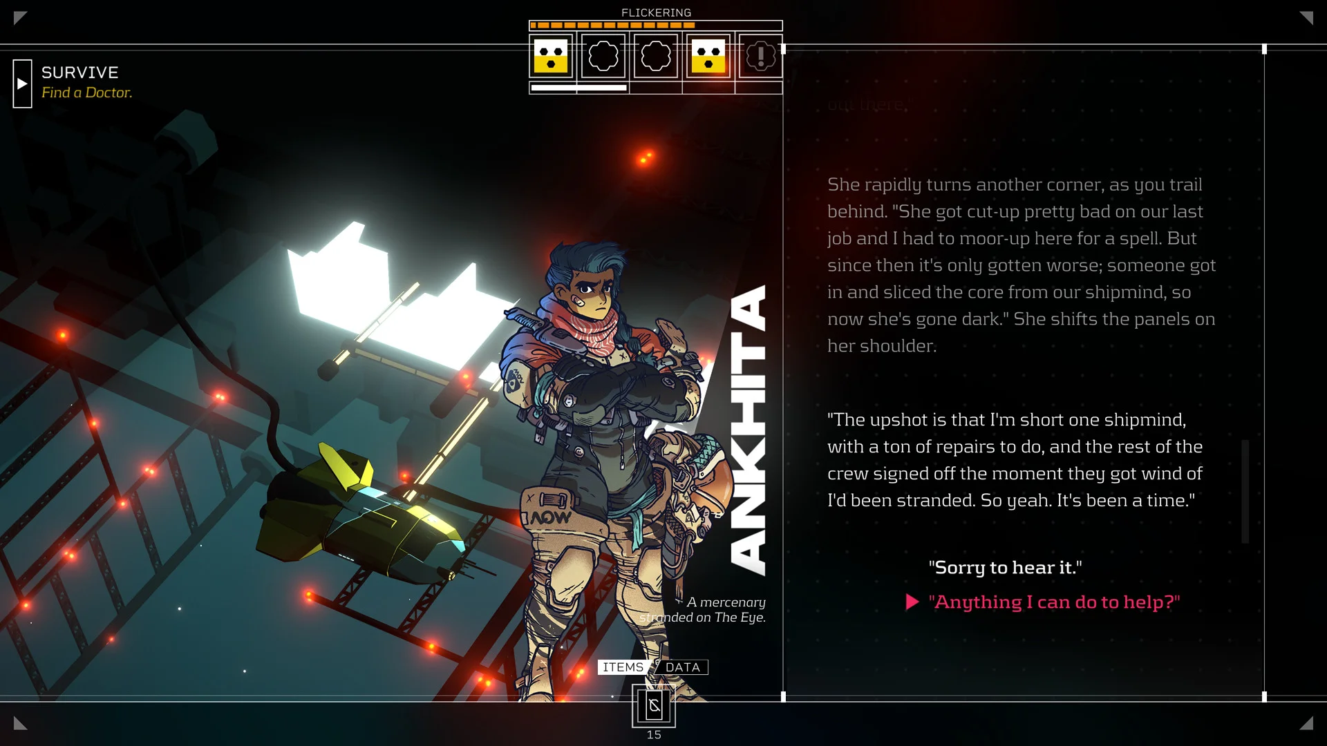 Ankhita mercenary with crossed arms, yellow ship on a gantry, Anything I can do to help?