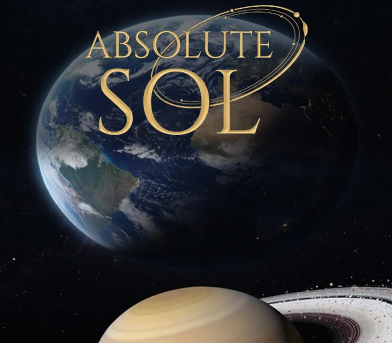 Gold ABSOLUTE SOL title with orbital rings over a cloudy Earth, a ringed beige planet in the foreground against stars