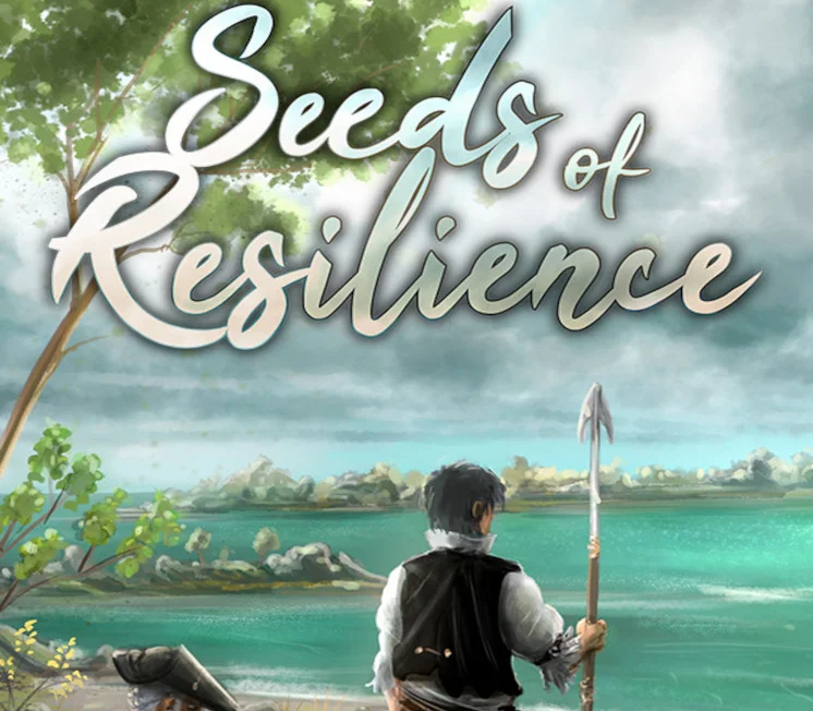 Seeds of Resilience cover of a settler with spear beside a turquoise lake
