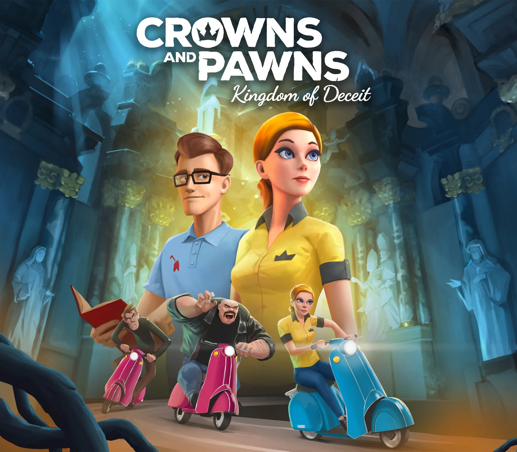 CROWNS AND PAWNS Kingdom of Deceit title over a man in glasses and blue polo with a red book, a woman in yellow with a pawn pin, three scooters in a blue church