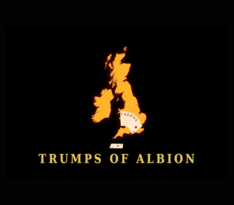 Gold silhouette of Britain with playing cards above the Trumps Of Albion title on black