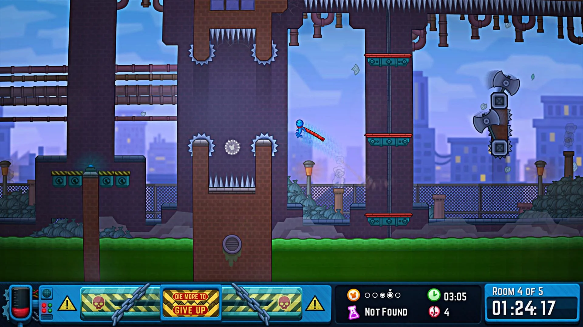 Never Give Up industrial rooftops with spinning axes and blue blob mid-air