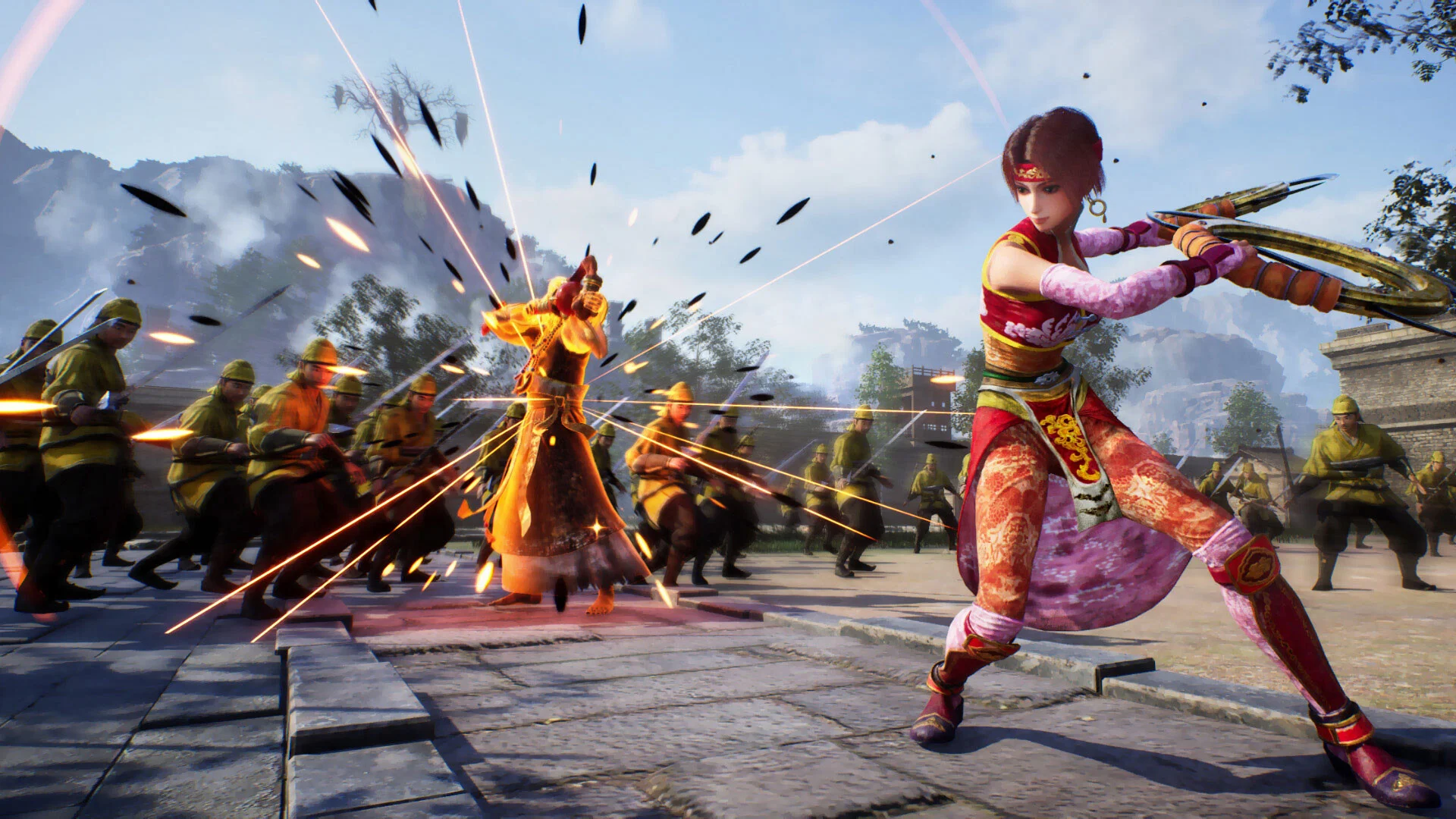 Female warrior with twin blades beside an officer striking a crowd of yellow-clad soldiers