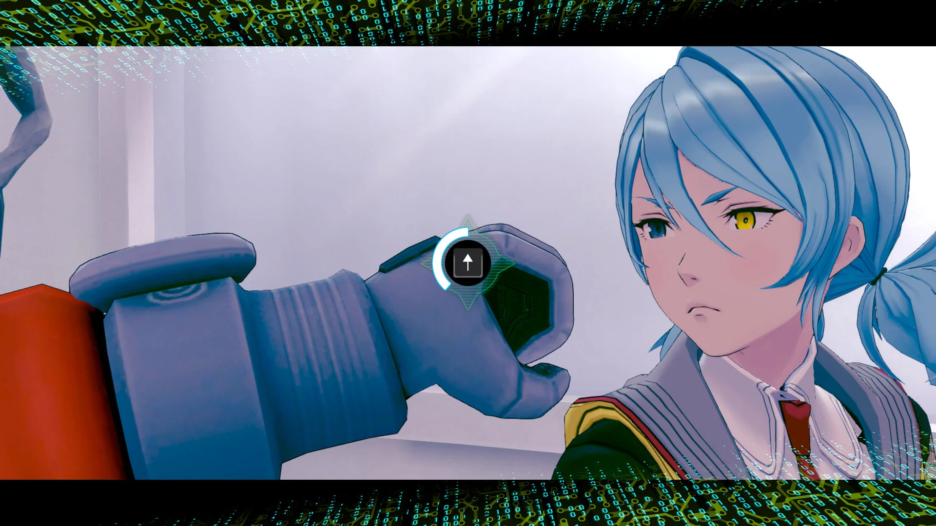 A blue-haired girl facing a small round device