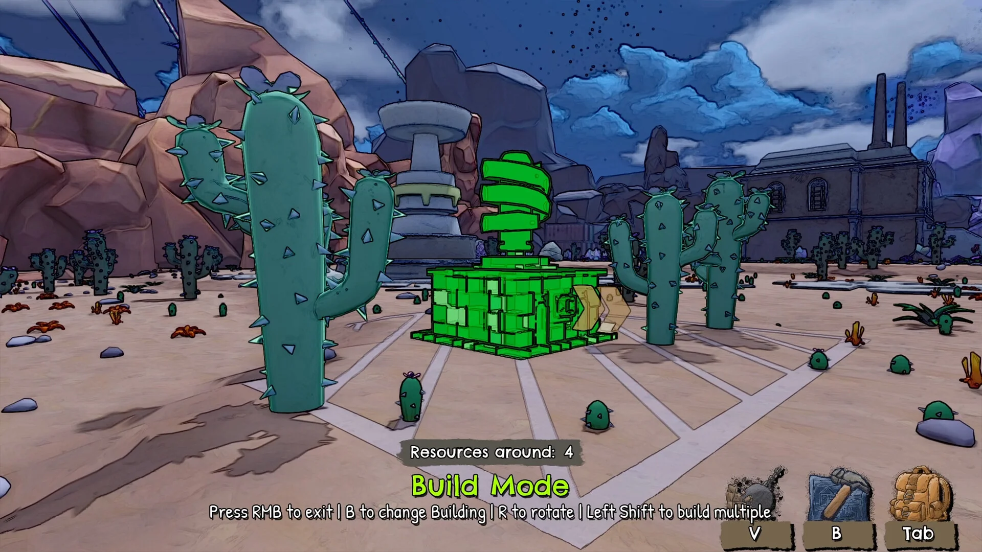 A glowing green machine among cacti in a desert build grid with Build Mode prompts
