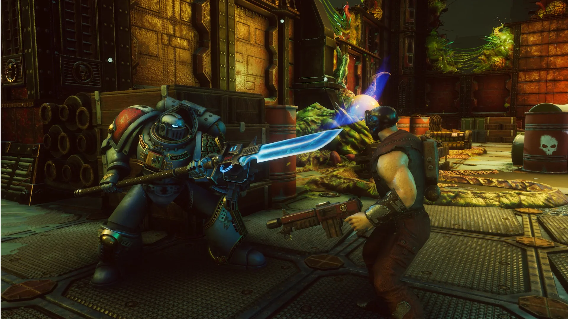 Kneeling Grey Knight with a blue force sword faces a cultist with a stub gun beside glowing warp fungus in a rusty hold