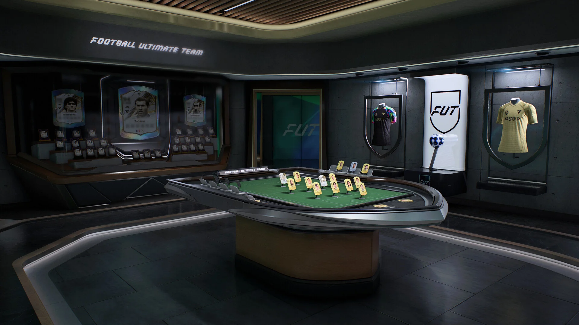 FOOTBALL ULTIMATE TEAM room, green tactics table with pegs, FUTET shield, kits and player cards on dark walls