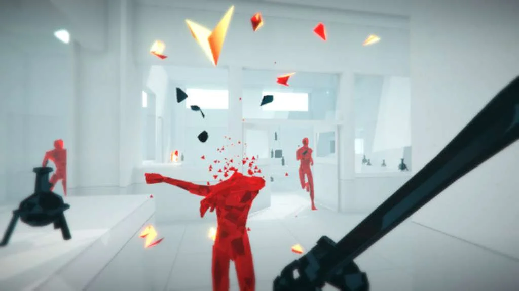 White gallery: katana in first person, red crystal body shattering, two red figures behind