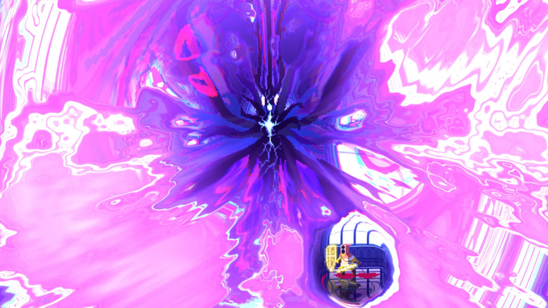 Pink void burst: swirling magenta shockwave with a tiny gold-armored hero in a circular portal