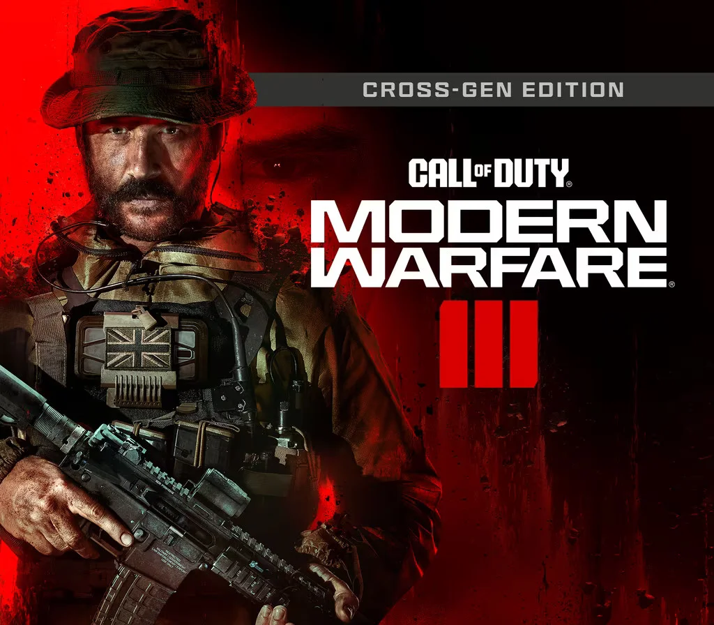 Baner CROSS-GEN EDITION nad brodatym operatorem z naszywką Union Jack i karabinem, Call of Duty Modern Warfare III na czerwono-czarnym tle