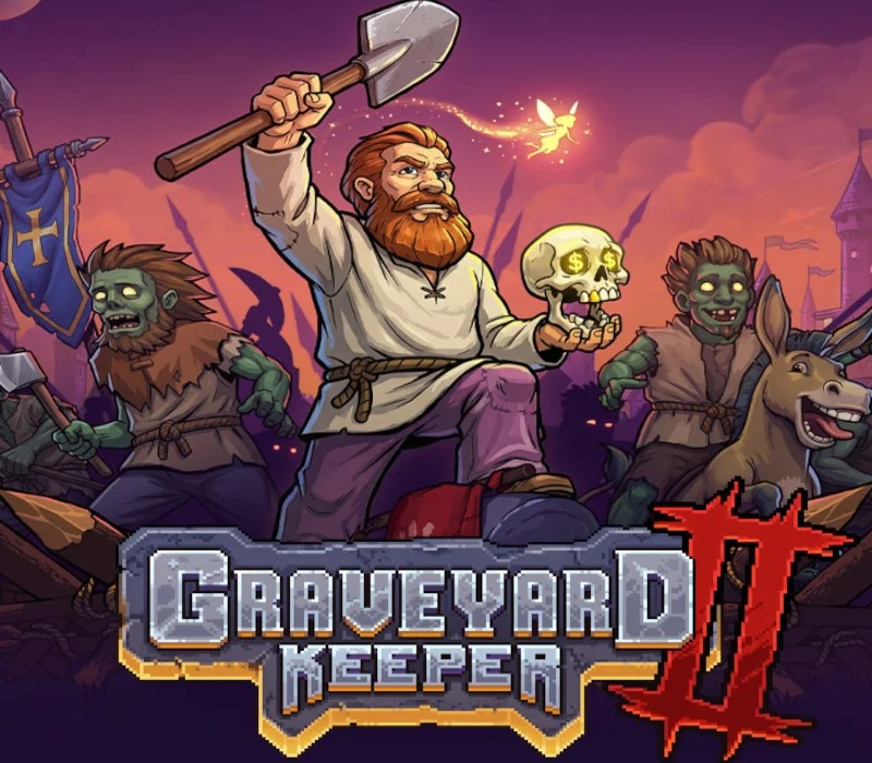 Cover: bearded keeper in a white tunic lifts a shovel and a skull, two zombies and a donkey behind, Graveyard Keeper II logo