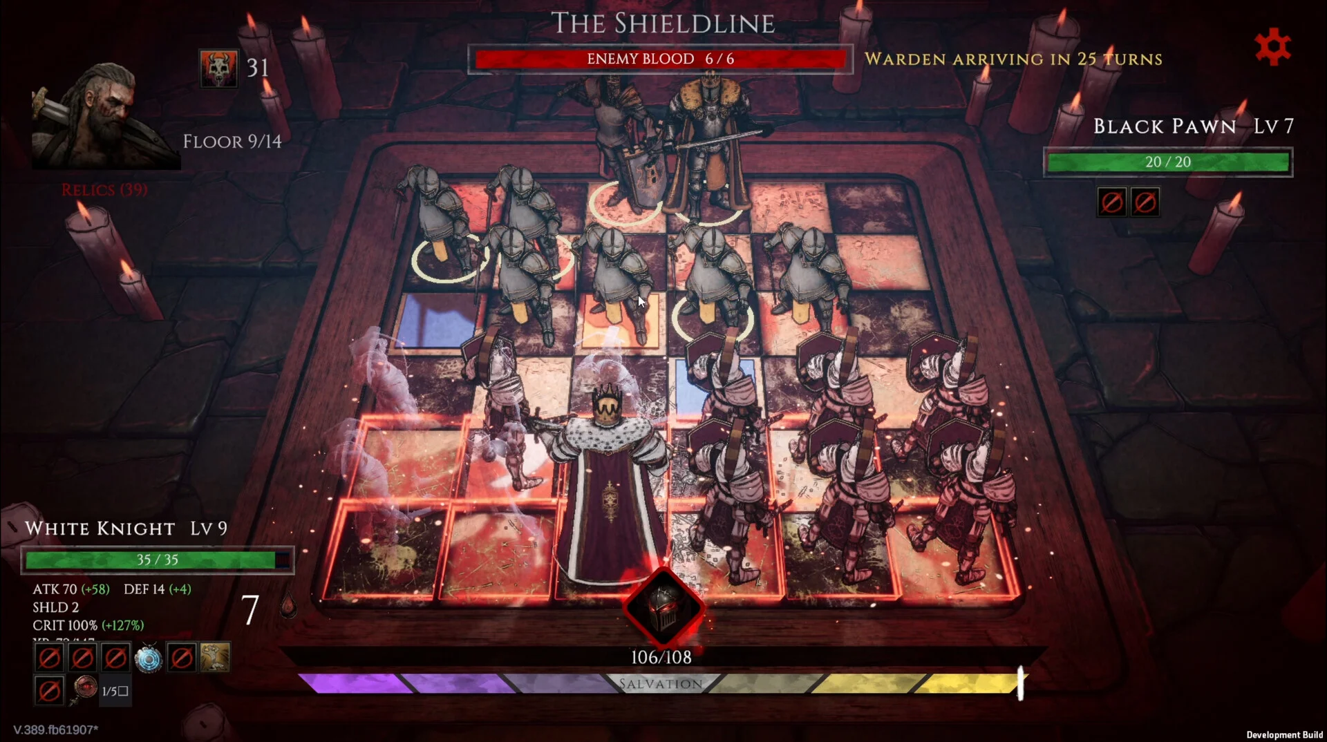 The Shieldline board: white knight selected among armored pieces, Enemy Blood 6/6, floor 9 of 14