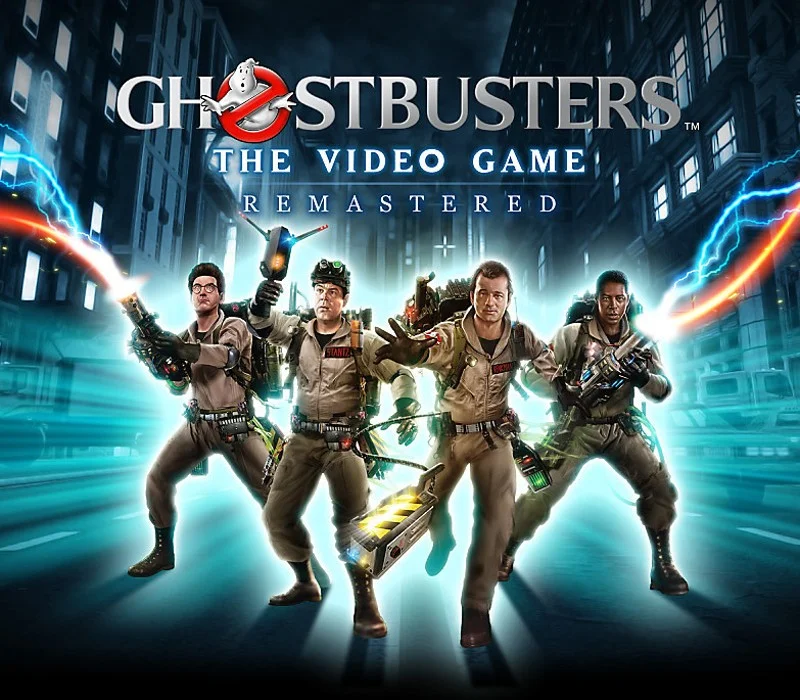 Ghostbusters The Video Game Remastered cover, four figures with proton streams and the Ecto-1.