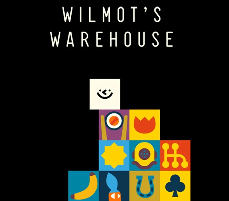 Tytuł WILMOT’S WAREHOUSE nad kremową twarzą na kolorowych kafelkach: sushi, tulipan, gwiazda, hełm, banan, marchew, podkowa, trefl