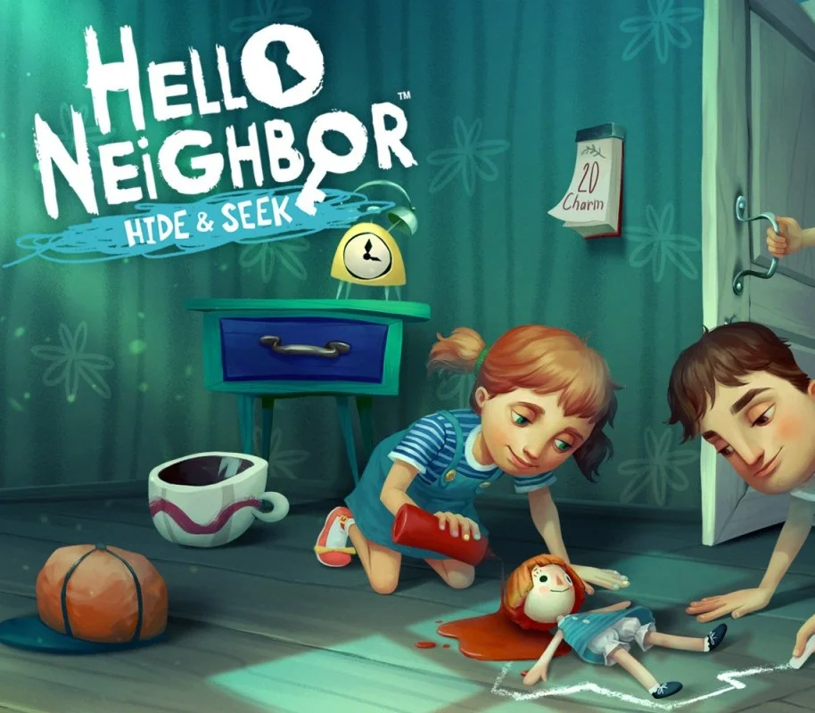 Hello Neighbor Hide & Seek cover: girl pouring ketchup on a doll, boy at an open door, title on teal wall