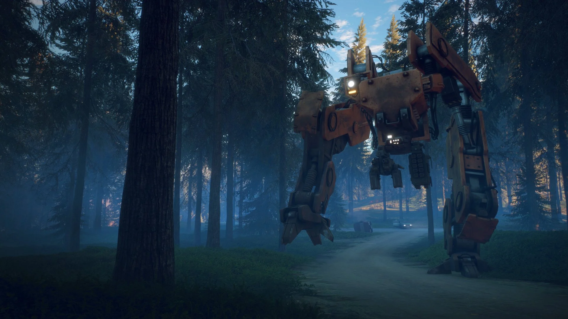 Orange hunter machine walking a misty forest road on Östertörn
