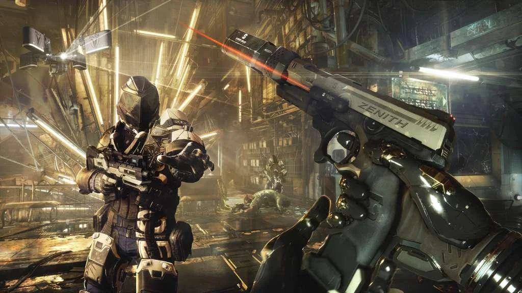 First-person gold hand aiming a Zenith pistol at a helmeted guard in an industrial hall