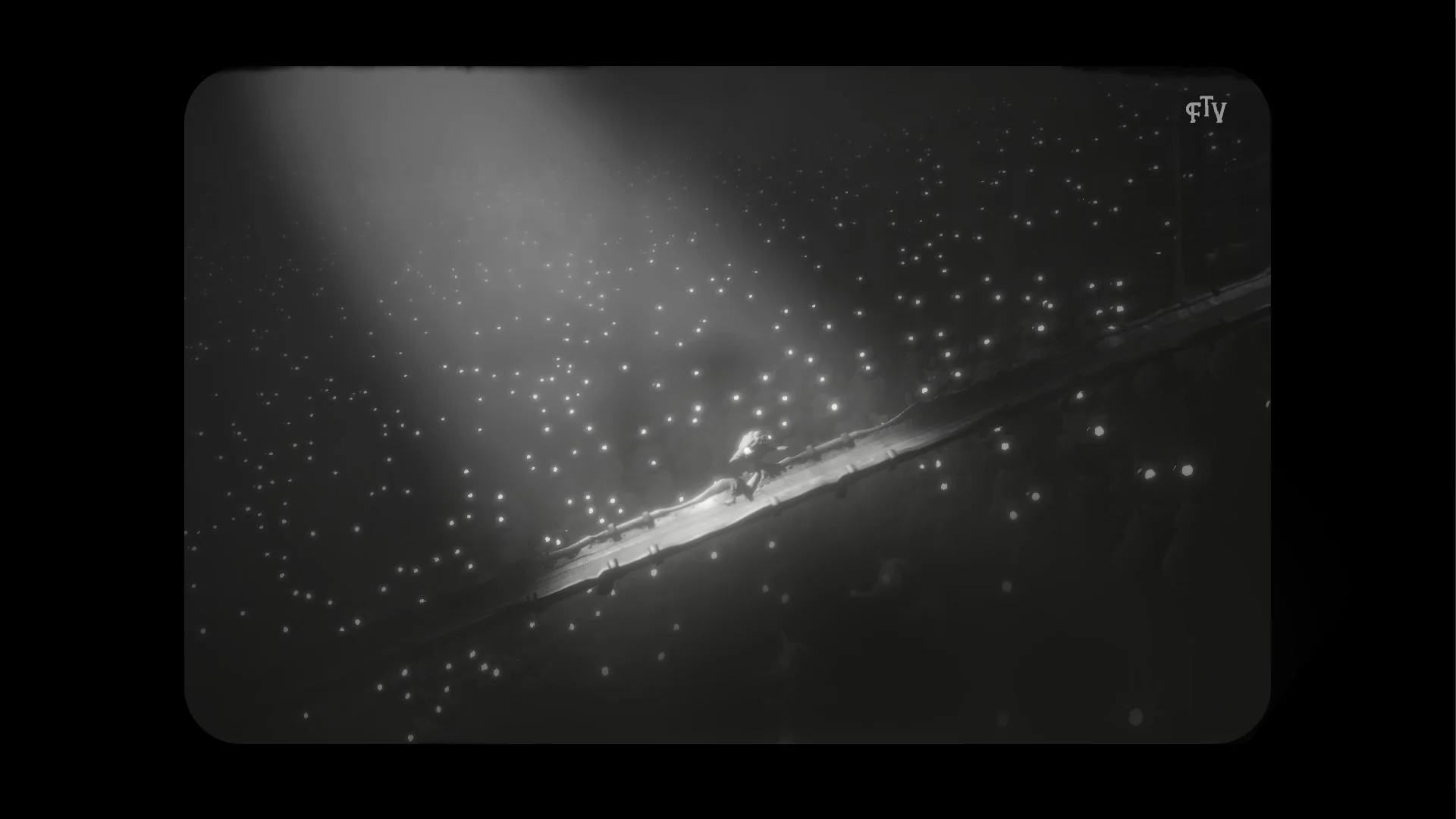 Tiny figure on a thin lit beam in a dark void, spotlight from above, field of pin lights, cTV mark