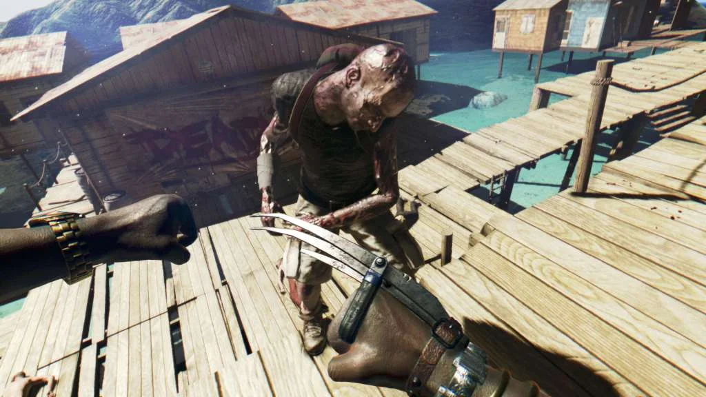 First-person claw melee strike on a wooden pier beside a shack spray-painted DEAD