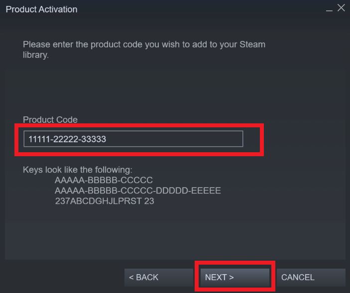Steam Product Code activation field