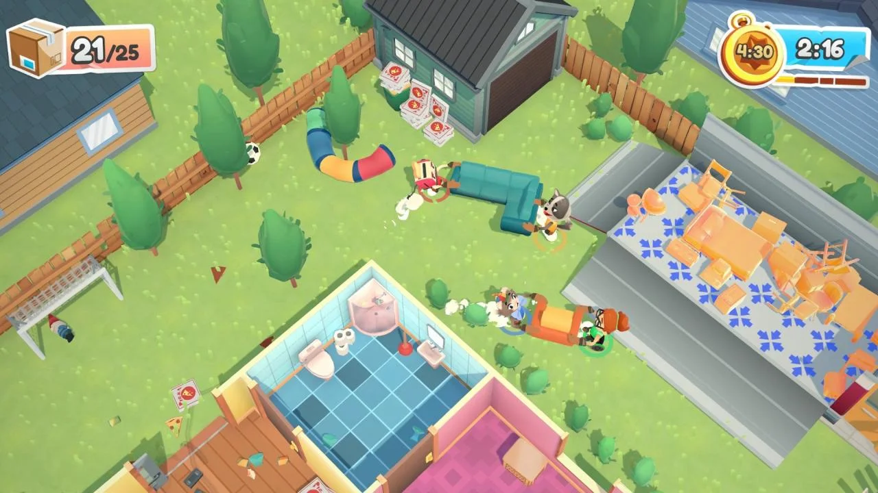 Neighborhood street with characters carrying furniture pieces.