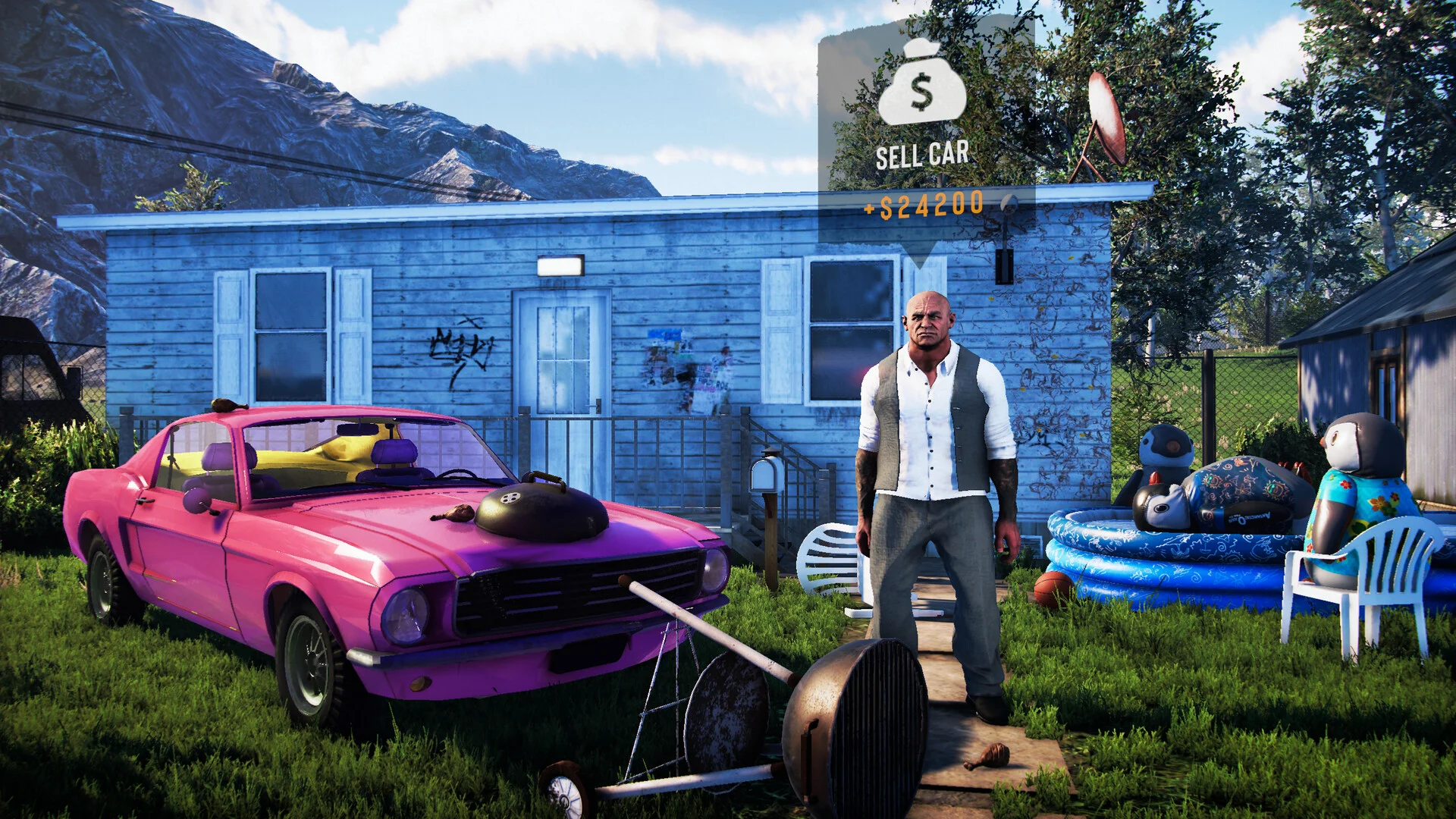 Pink Mustang on a lawn, Sell Car plus 24200, bald man, blue wooden house and a kiddie pool