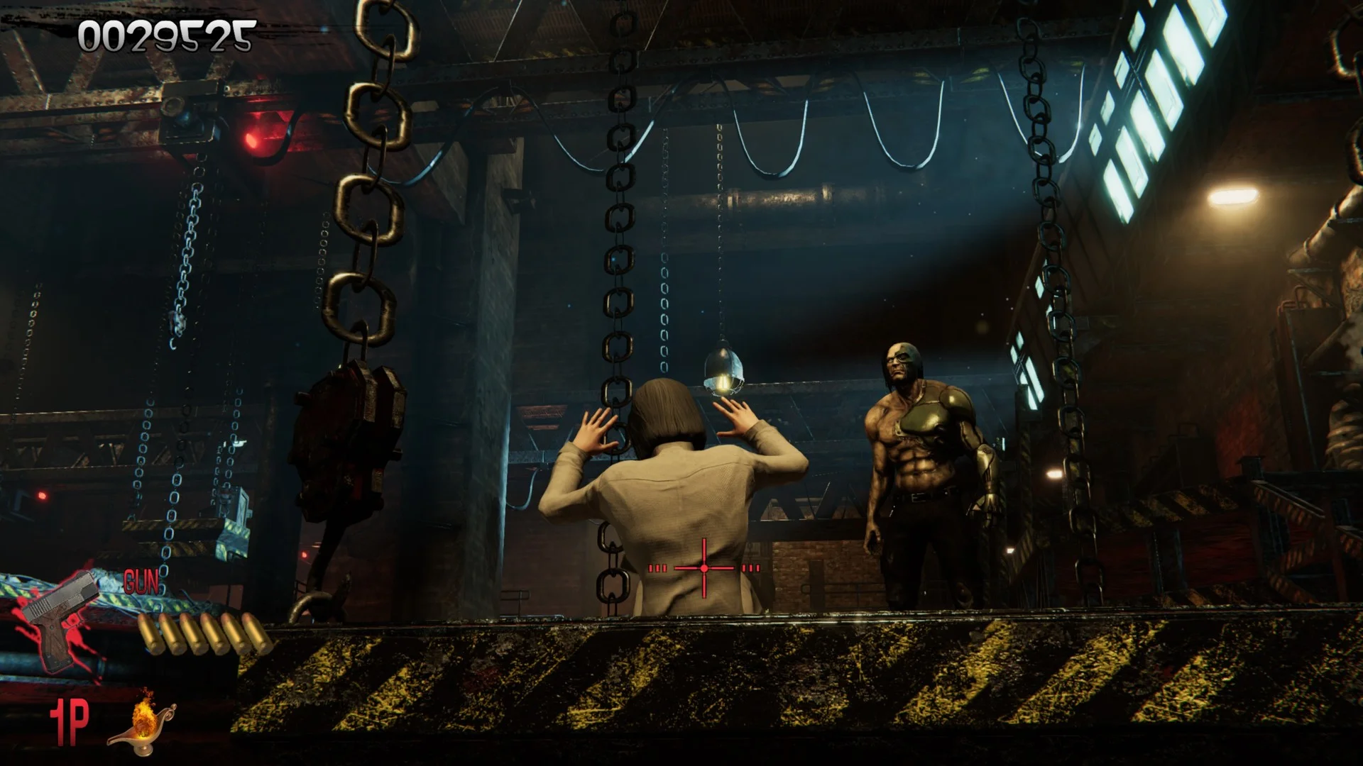 Two players under a hanging creature in a blue room.
