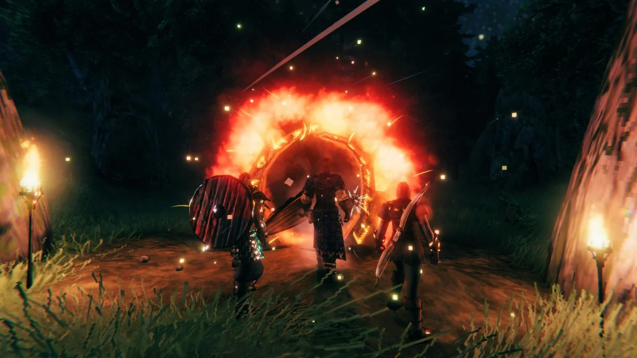 Night portal ringed in fire, three Vikings with round shields approaching, torches, fireflies, dark pines