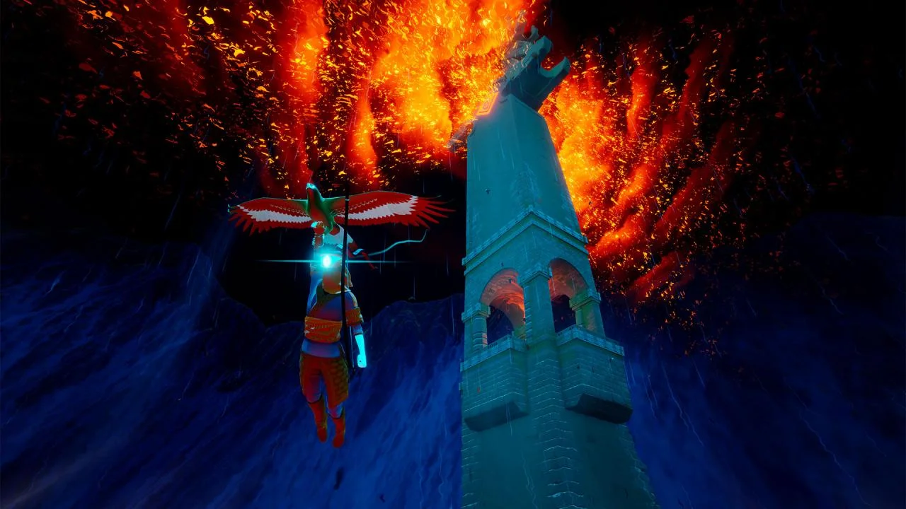 Hunter flying on a red-and-white eagle under a lava ceiling beside a stone tower, cyan light on the staff