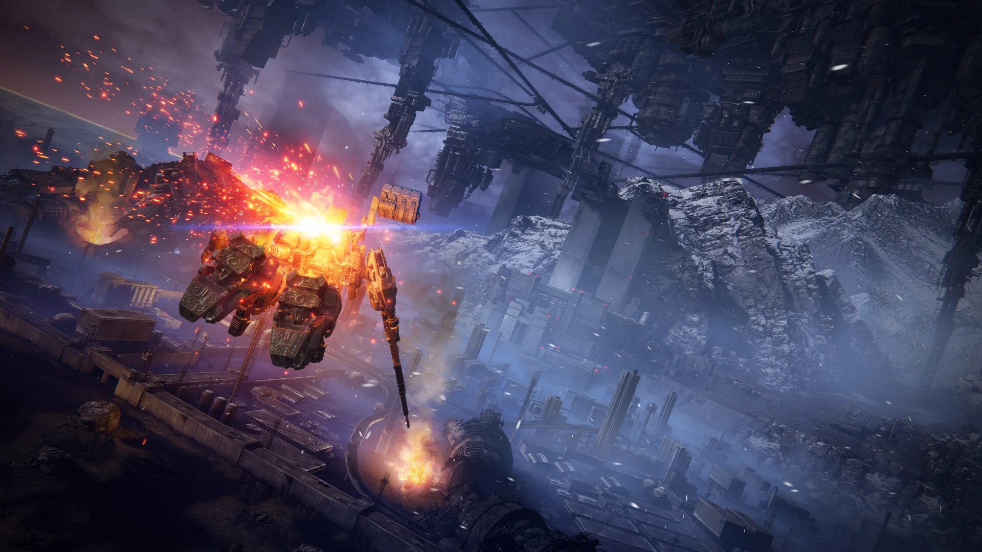 A burning mech flies over a snow-ringed industrial city under hanging platforms