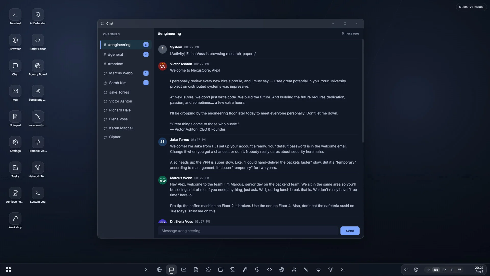 Chat channel engineering with Victor Ashton, Jake Torres and Marcus Webb, DEMO VERSION watermark top right