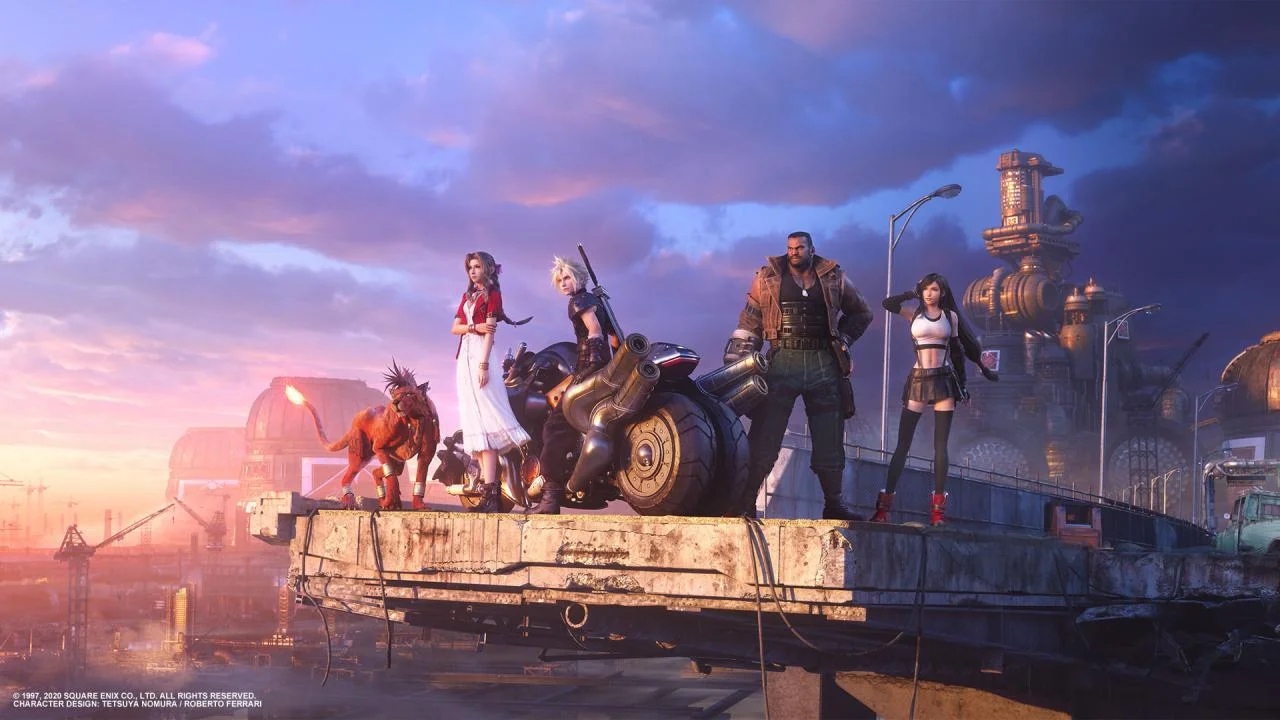 Avalanche posed on a Midgar highway at dusk with the Hardy-Daytona bike